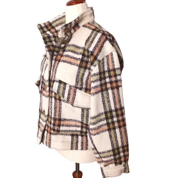 NEW Bagatelle Plaid Print Oversized Cropped Jacket in Cream & Rust,‎ Size M - Picture 6 of 14